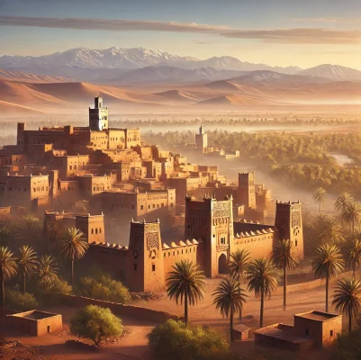 DALL·E 2024-10-02 21.35.17 - A beautiful depiction of Ouarzazate in Morocco, known as the gateway to the Sahara Desert. The image shows the iconic Kasbah of Taourirt, with its imp