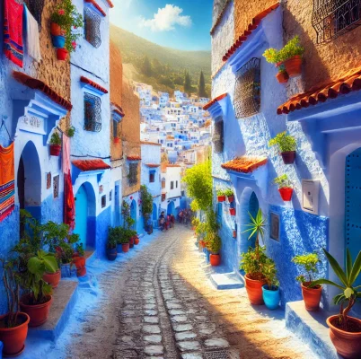 DALL·E 2024-10-02 22.15.49 - A vibrant image of Chefchaouen, the famous 'Blue City' in Morocco. The scene shows narrow, winding streets lined with buildings painted in various sha