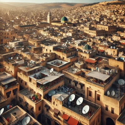 DALL·E 2024-10-04 10.56.35 - An aerial view of the ancient city of Fez, Morocco, showcasing its iconic narrow streets and labyrinthine layout. The image captures the densely packe