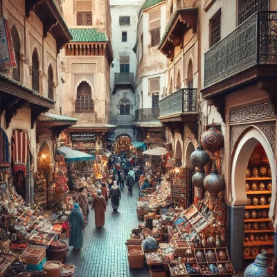 DALL·E 2024-10-06 01.47.22 - A bustling view of the Old Medina in Casablanca, Morocco, showcasing narrow, lively streets lined with shops selling traditional Moroccan goods like s